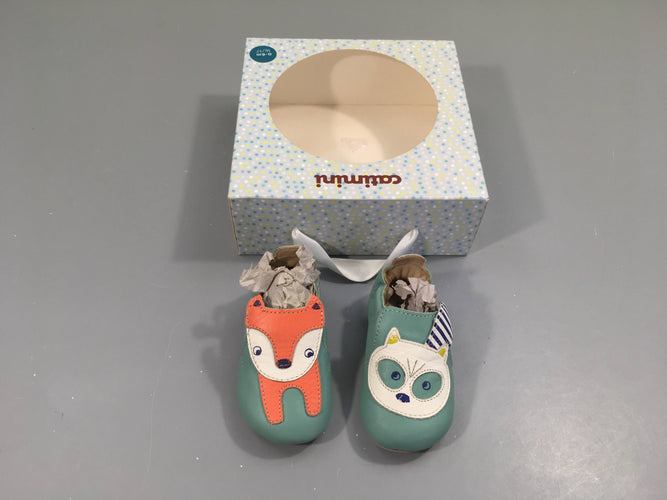 Chaussons cuir vert/bleu animaux 0-6m, moins cher chez Petit Kiwi