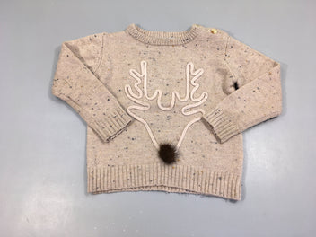 Pull beige chiné renne, 80% laine