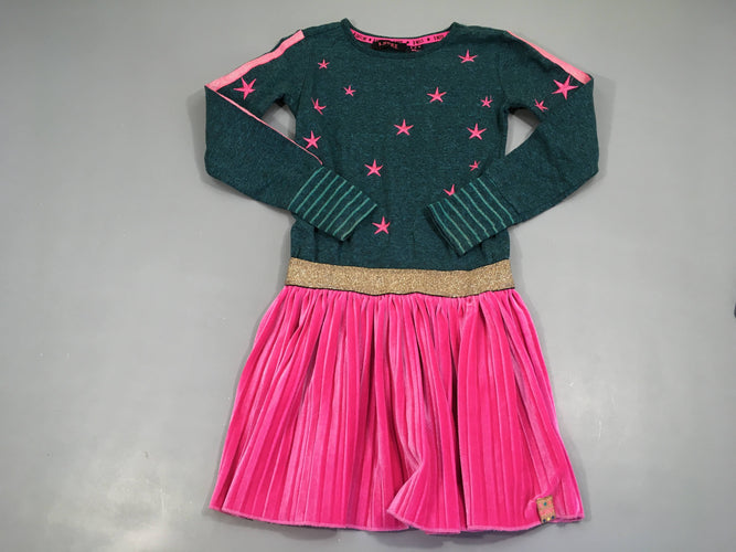 Robe m.l haut molleton vert chiné étoiles, bas velours ras rose B. Nosy, moins cher chez Petit Kiwi