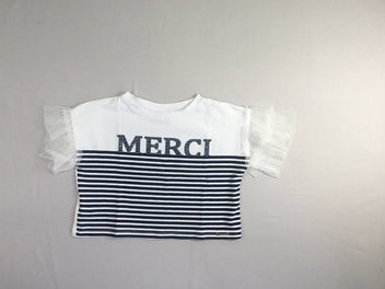 T-shirt m.c cropped blanc rayé bleu Merci Strass tulles manches-Alouette