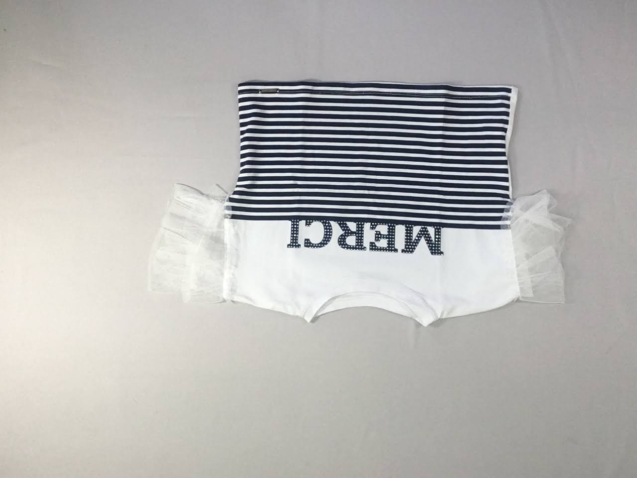 T-shirt m.c cropped blanc rayé bleu Merci Strass tulles manches-Alouette