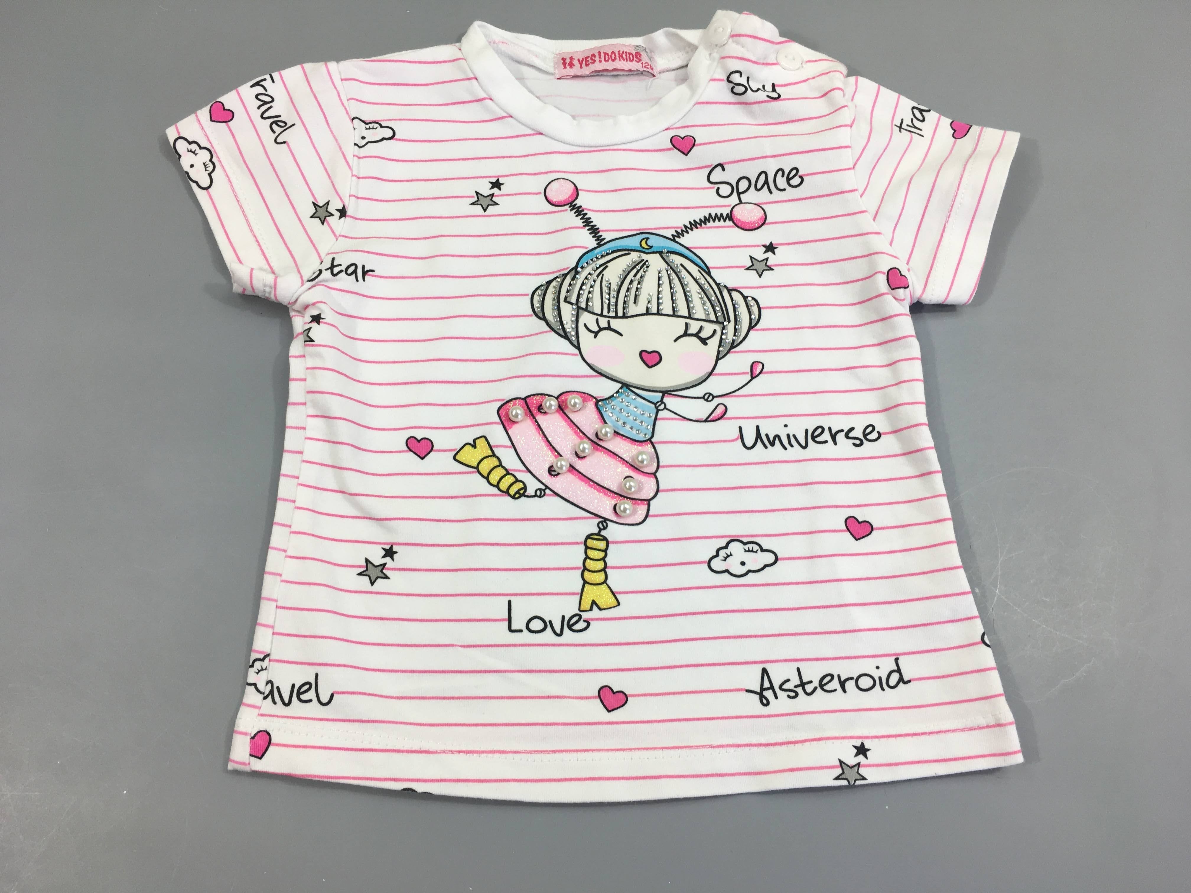 T-shirt m.c blanc rayé rose, petite fille avec perles et strass