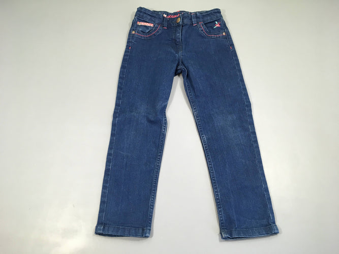 Jeans coutures roses, fleurs brodées, moins cher chez Petit Kiwi