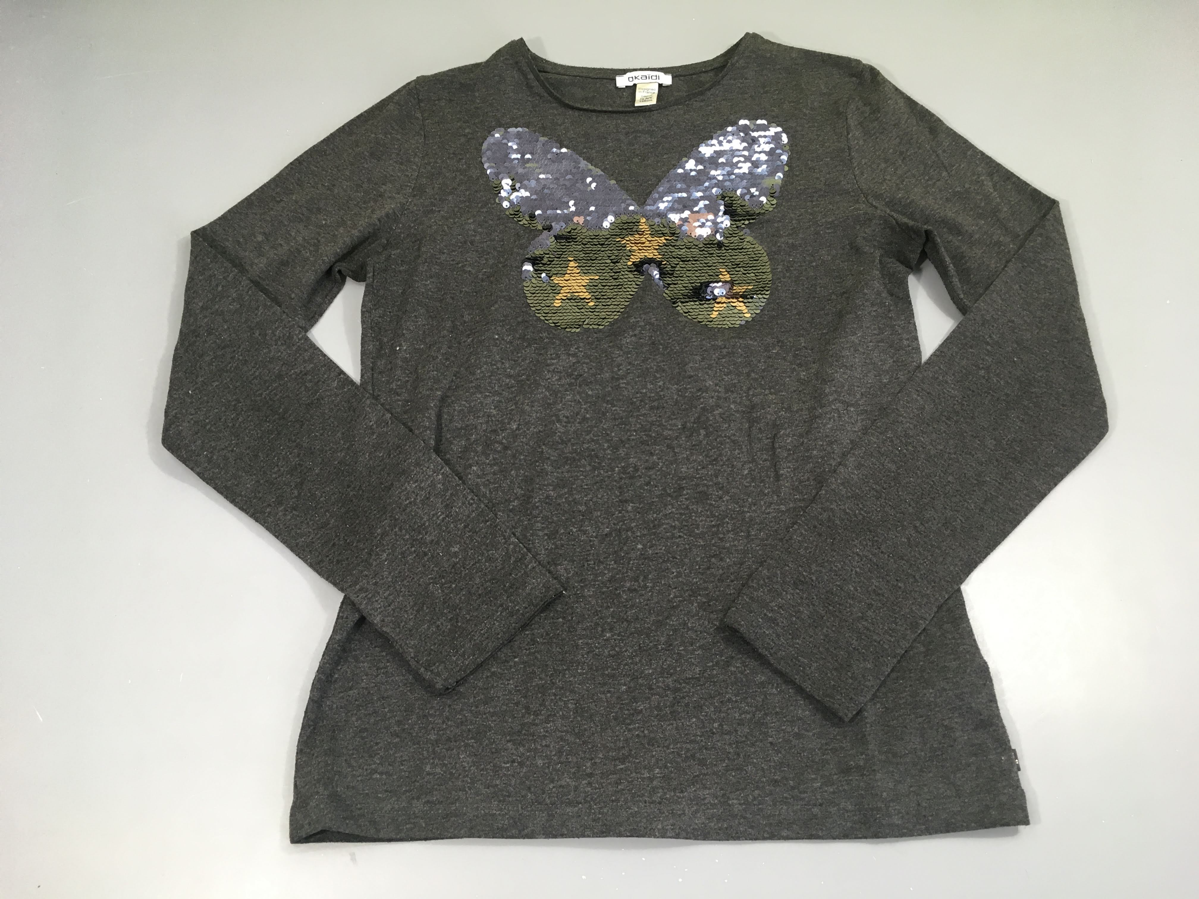T-shirt m.l gris chiné papillon sequins réversibles
