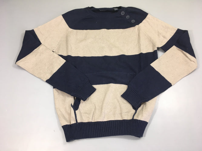 Pull bleu marine rayé beige, 10% laine, moins cher chez Petit Kiwi