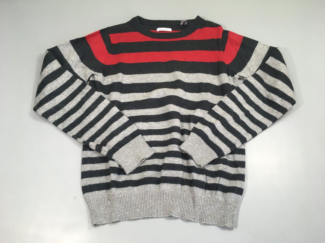 Pull gris foncé rayé rouge, 10% laine, moins cher chez Petit Kiwi