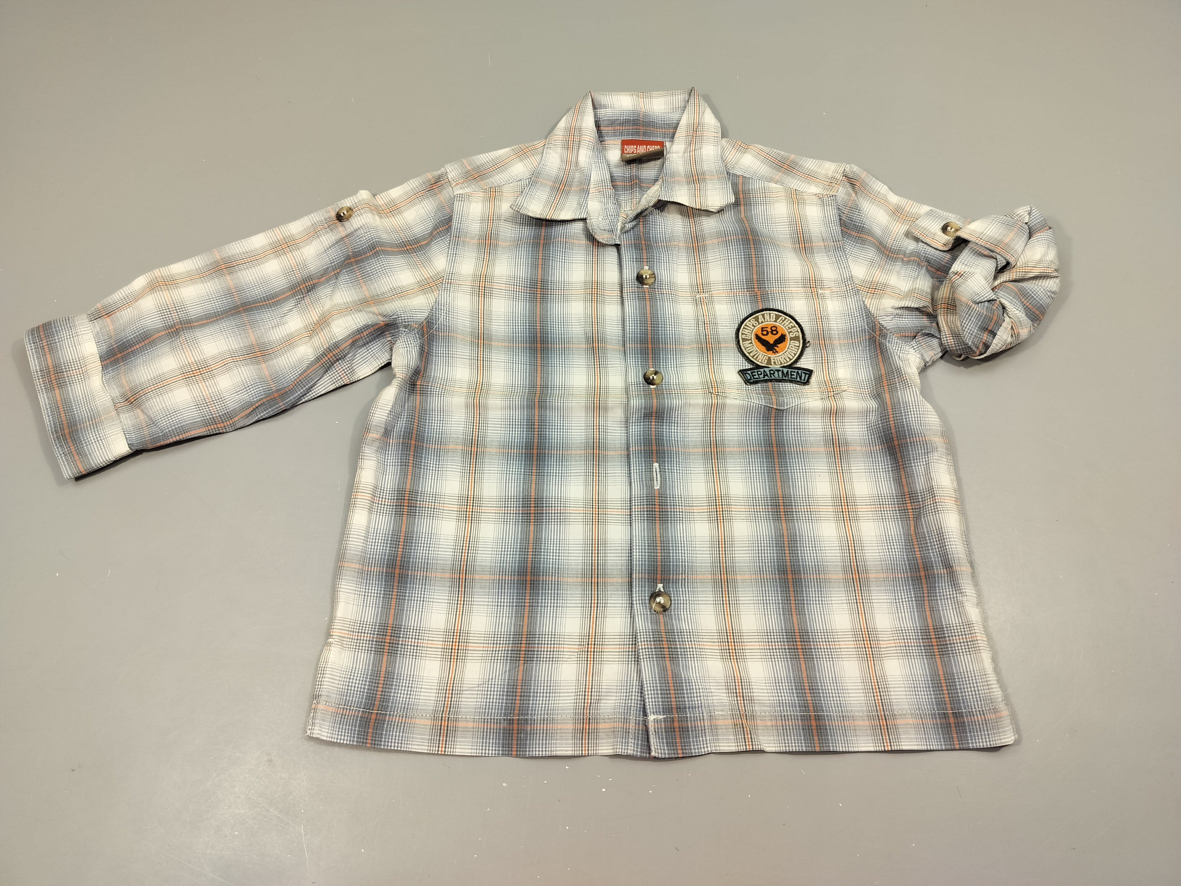 Chemise m.l blanche à carreaux gris et orange 100% coton