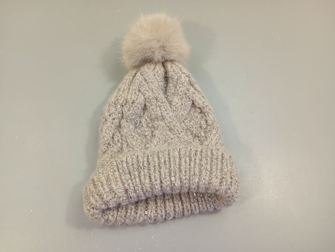 Bonnet tricot gris , strass, pompon 2-3a, moins cher chez Petit Kiwi