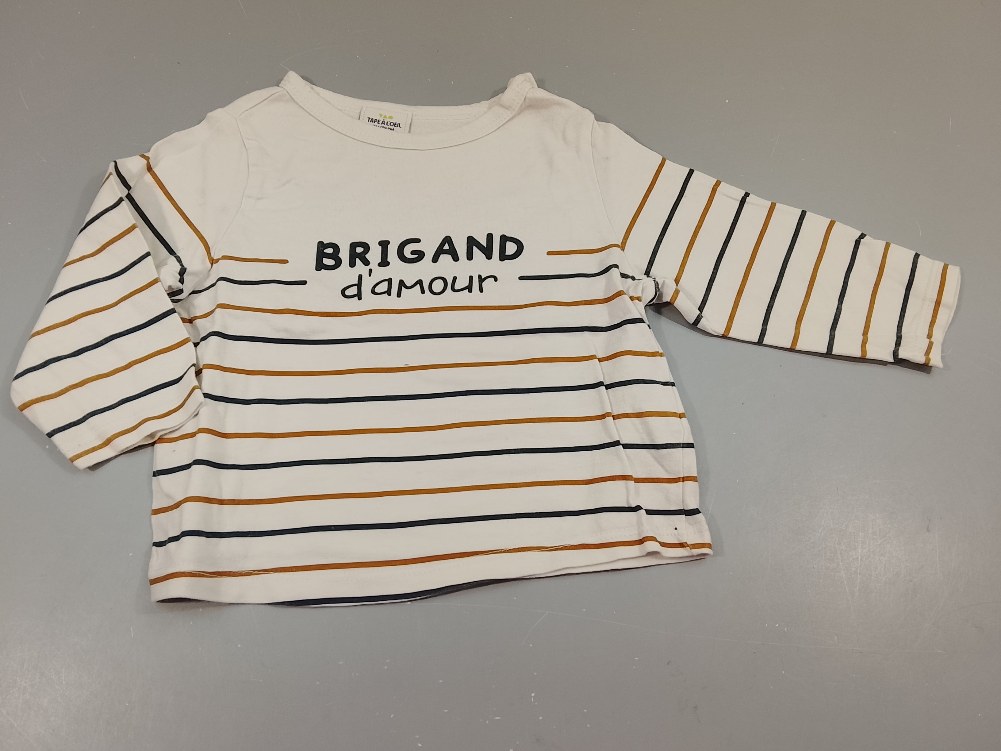 T-shirt m.l blanc rayé bleu marine, brun 