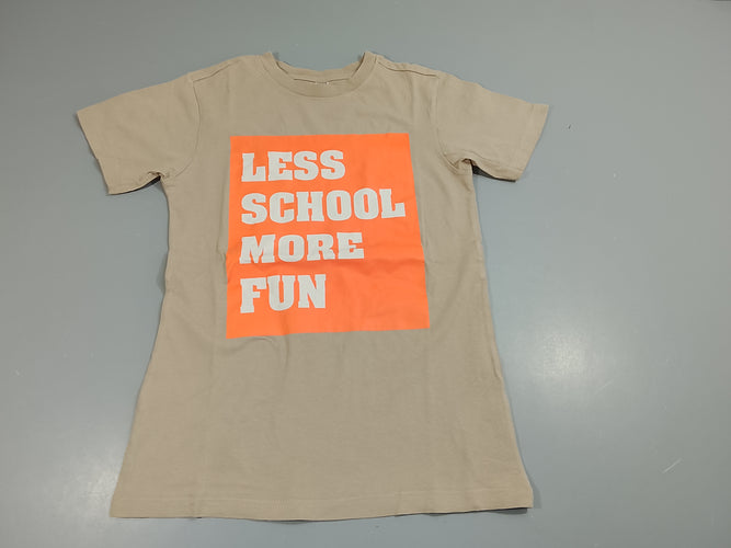 T-shirt m.c beige flocage orange, inscriptions blanches "Less school more fun", moins cher chez Petit Kiwi