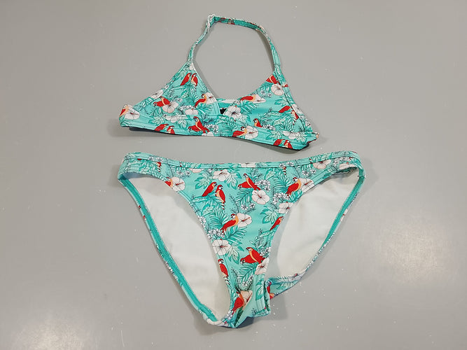 Bikini turquoise motifs perroquets et fleurs blanches, Pas de taille indiquée, estimée 11-12a, moins cher chez Petit Kiwi