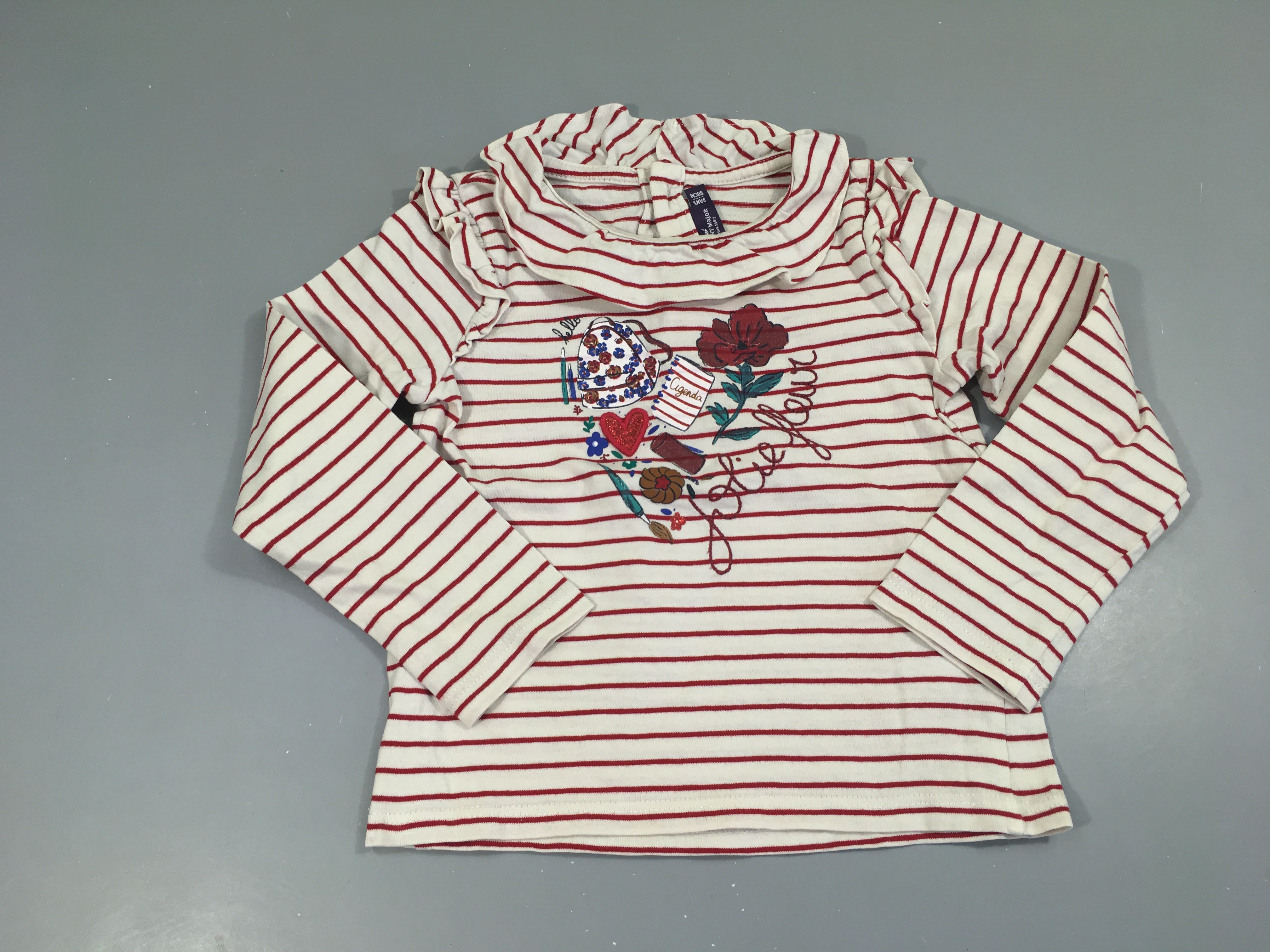T-shirt m.l blanc rayé rouge jolie fleur col