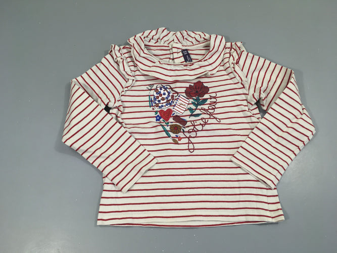 T-shirt m.l blanc rayé rouge jolie fleur col, moins cher chez Petit Kiwi