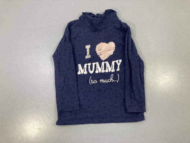 T-shirt m.l col roulé bleu marine, petits coeurs ton sur ton, coeur rose I love mummy (so much), moins cher chez Petit Kiwi
