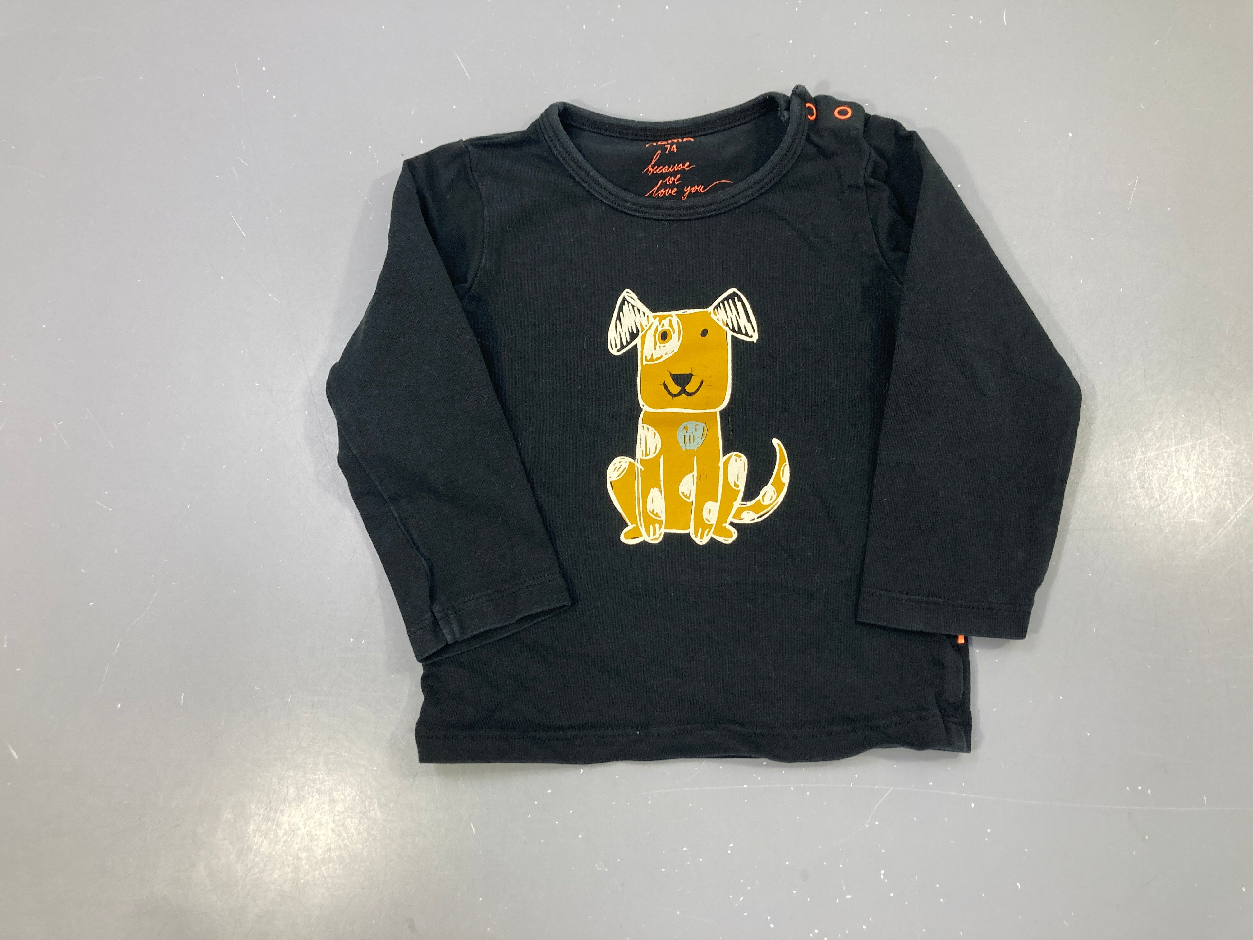 T-shirt m.l noir, chien assis beige tacheté imprimé, étiquette 