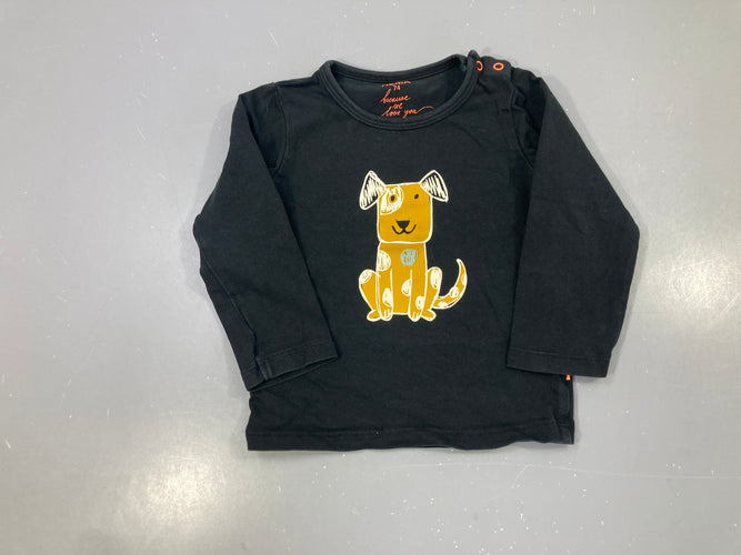 T-shirt m.l noir, chien assis beige tacheté imprimé, étiquette "because we love you" taille 74, moins cher chez Petit Kiwi