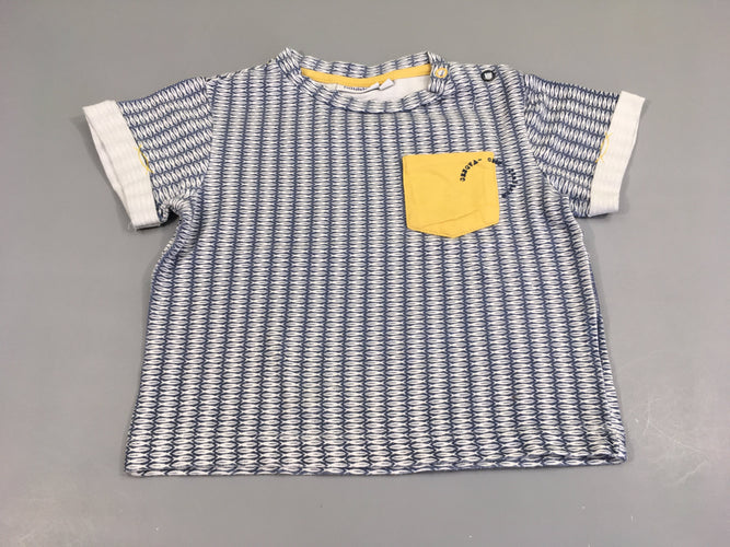 T-shirt m.c bleu, motifs blancs , poche jaune, moins cher chez Petit Kiwi