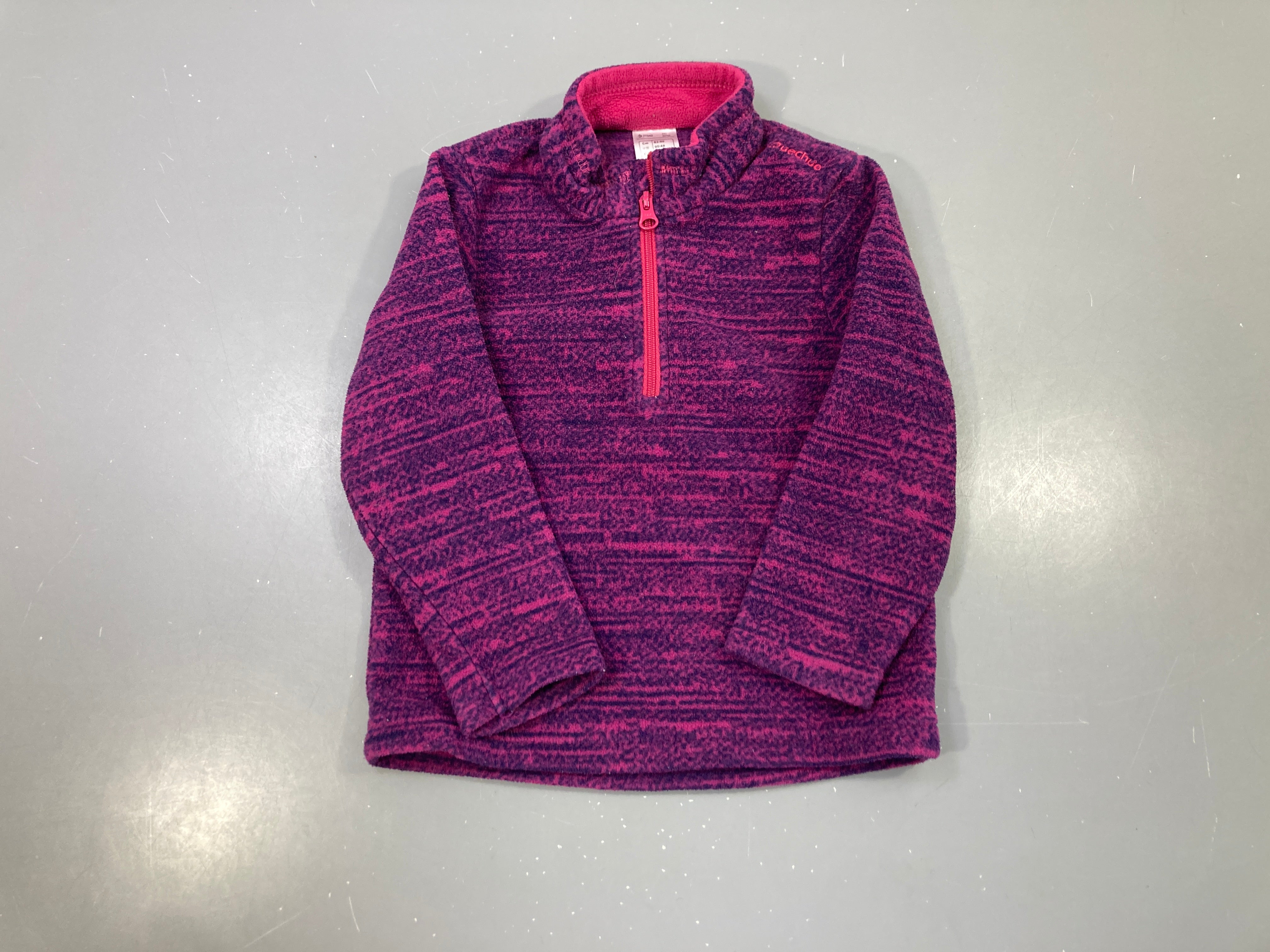 Pull polaire 1/4 zip prune/fuchsia chiné, zip rose, col montant
