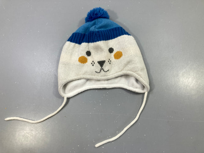 Bonnet péruvien beige/bleu, pompon bleu, oreilles rayées, doublure polaire, cordons à nouer 48/49cm, moins cher chez Petit Kiwi
