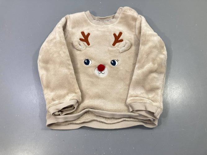 Sweat velours beige renne, bois de cerf brodés, nez pompon rouge, boutons pression épaule, moins cher chez Petit Kiwi