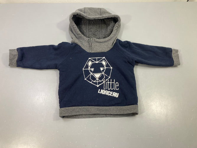 Sweat capuche bleu marine/gris, doublure sherpa lion géométrique Little Lionceau légèrement bouloché, moins cher chez Petit Kiwi