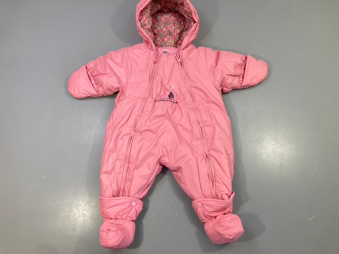 Combinaison chaude rose, capuche imprimée, moufles/chaussons intégrés, moins cher chez Petit Kiwi