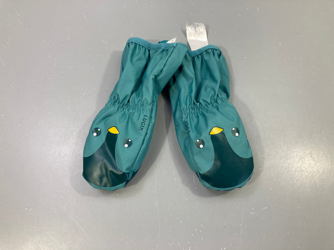 Moufles imperméables vert canard, imprimé pingouin, Lugik, moins cher chez Petit Kiwi