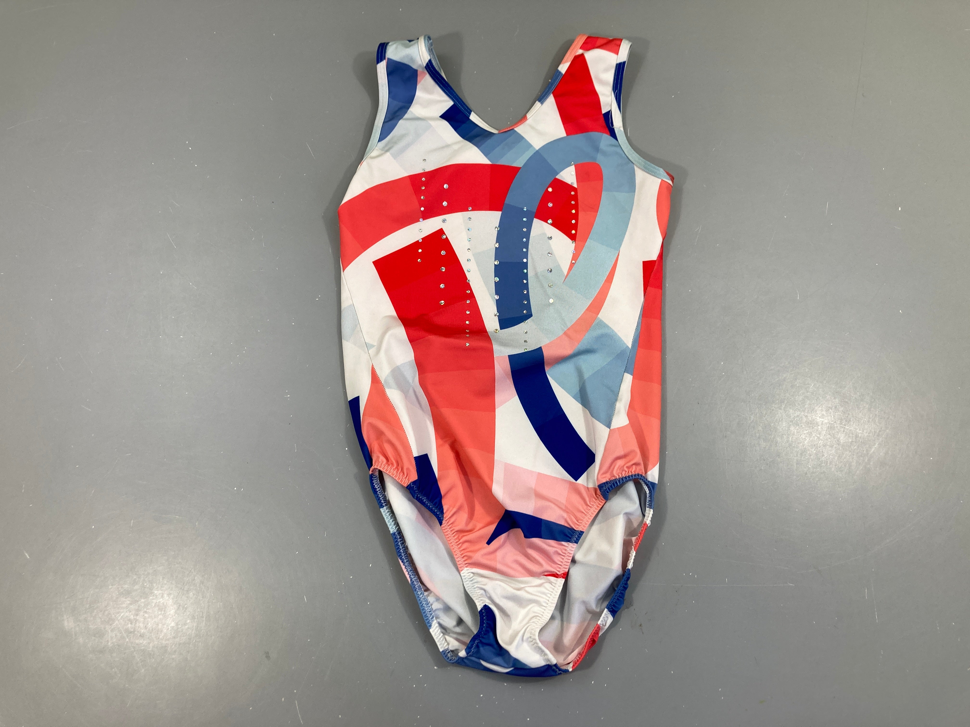 Maillot de gym blanc traits rouges-bleu pois irisés