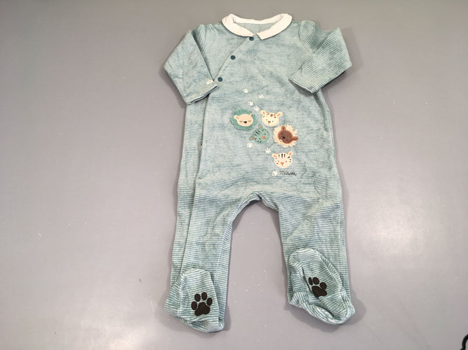 Pyjama velours rayé blanc/vert animaux, col jauni, moins cher chez Petit Kiwi