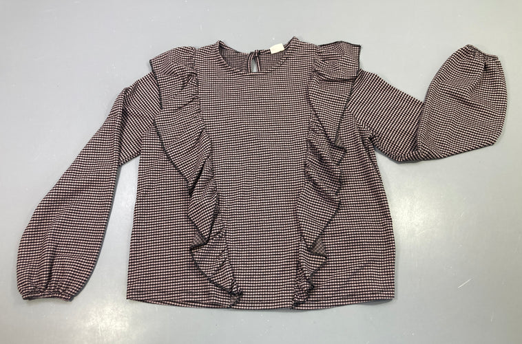 Blouse m.l vichy rose/noir, volants, manches bouffantes, moins cher chez Petit Kiwi