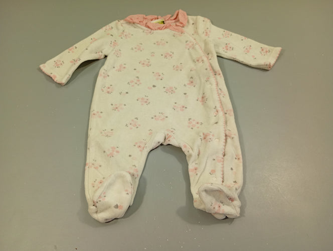 Pyjama  velours blanc à fleurs, col rose, moins cher chez Petit Kiwi