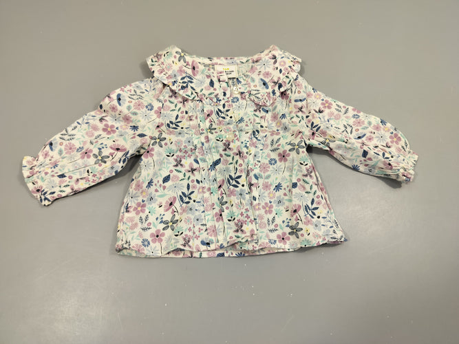 Chemisier blanc  à fleurs bleues,roses , col volant, moins cher chez Petit Kiwi