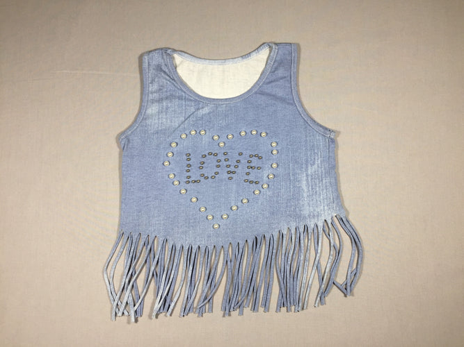 T-shirt s.m jersey effet jean franges et coeur en perles, moins cher chez Petit Kiwi