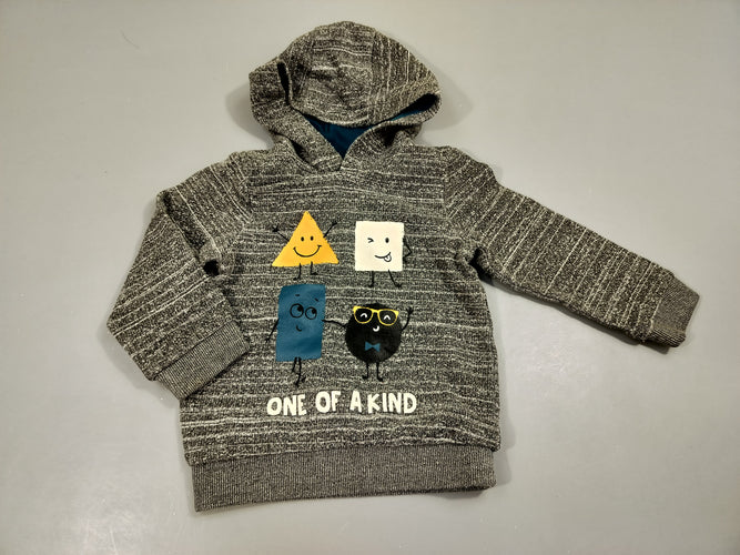 Pull à capuche gris flammé, formes géométriques bonhommes, intérieur doux et chaud, moins cher chez Petit Kiwi