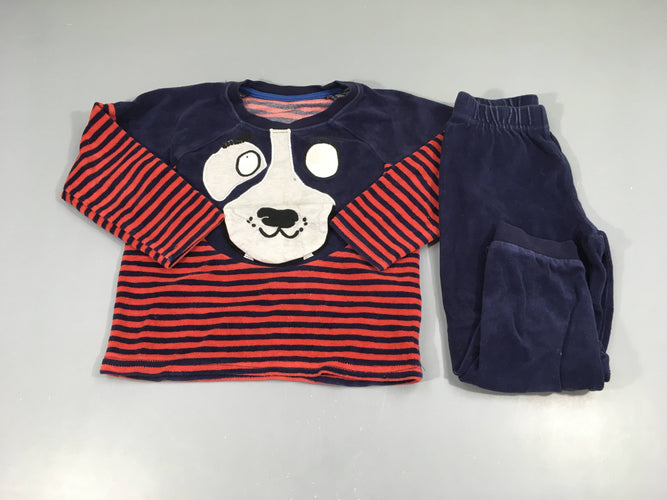Pyjama 2pcs velours bleu rayé rouge ours, moins cher chez Petit Kiwi
