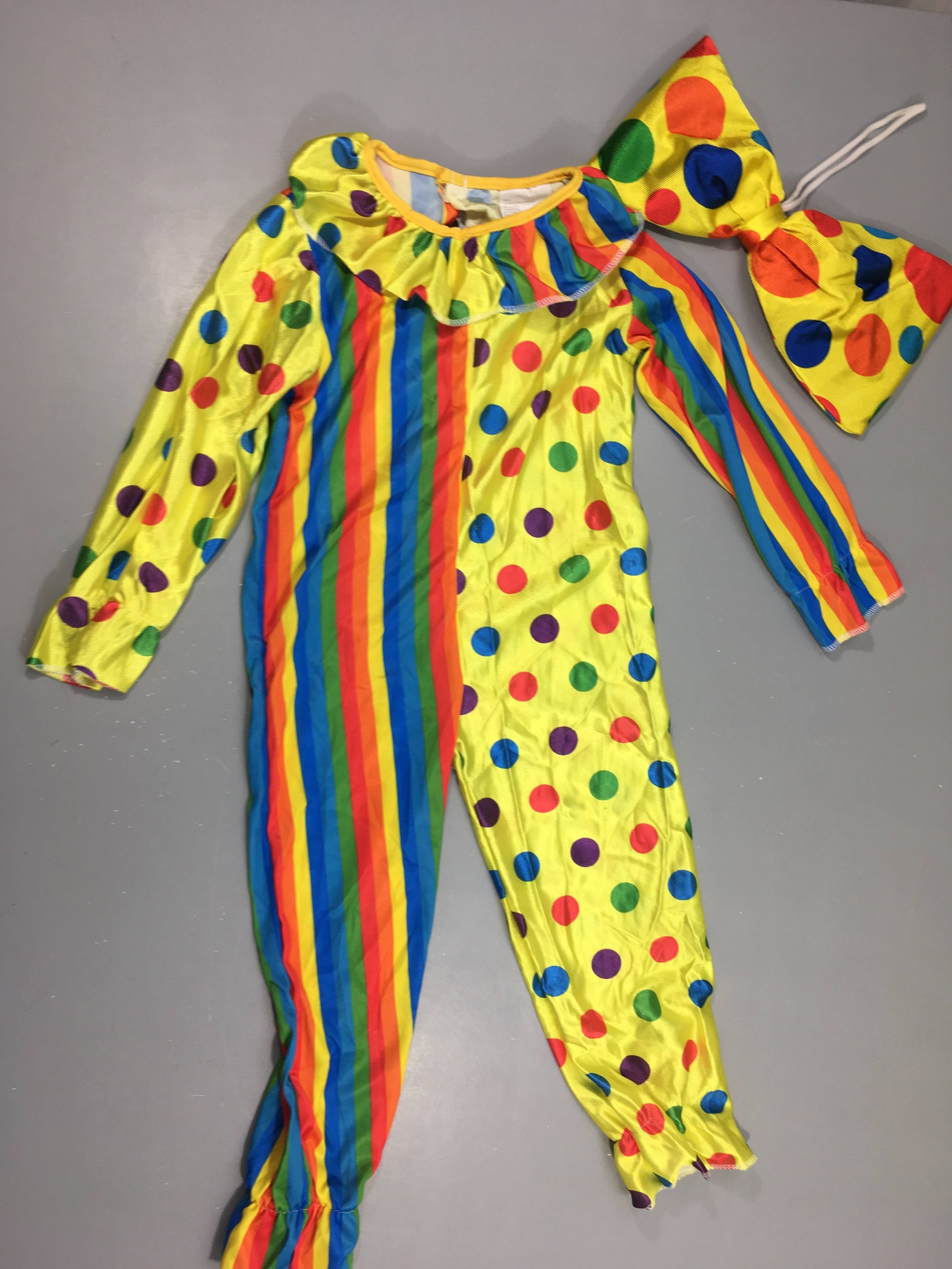 Déguisement de clown jaune pois multicolore + noeud papillon