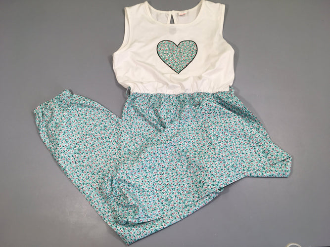 Combi pantalon s.m haut blanc avec coeur, pantalon imprimé fleurs turquoise élastique polyester, manque ceinture, moins cher chez Petit Kiwi
