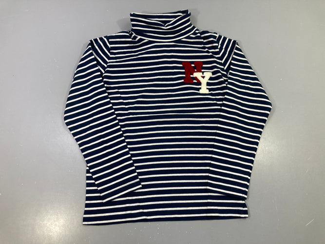 T-shirt m.l col roulé rayé bleu marine et blanc, patch NY, moins cher chez Petit Kiwi