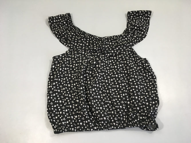 T-Shirt s.m noir imprimé fleurs blanches encolure avec volant viscose, moins cher chez Petit Kiwi