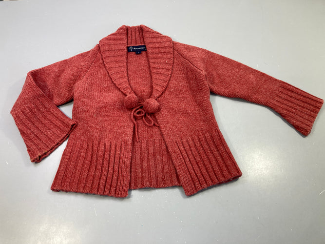 Gilet rouge chiné , fermeture à nouer avec pompons , 100% laine, légèrement bouloché, moins cher chez Petit Kiwi