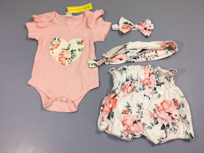 Neuf-Ensemble body saumon froufrou coeur + Short bloomer et ceinture textile + Bandeau, moins cher chez Petit Kiwi