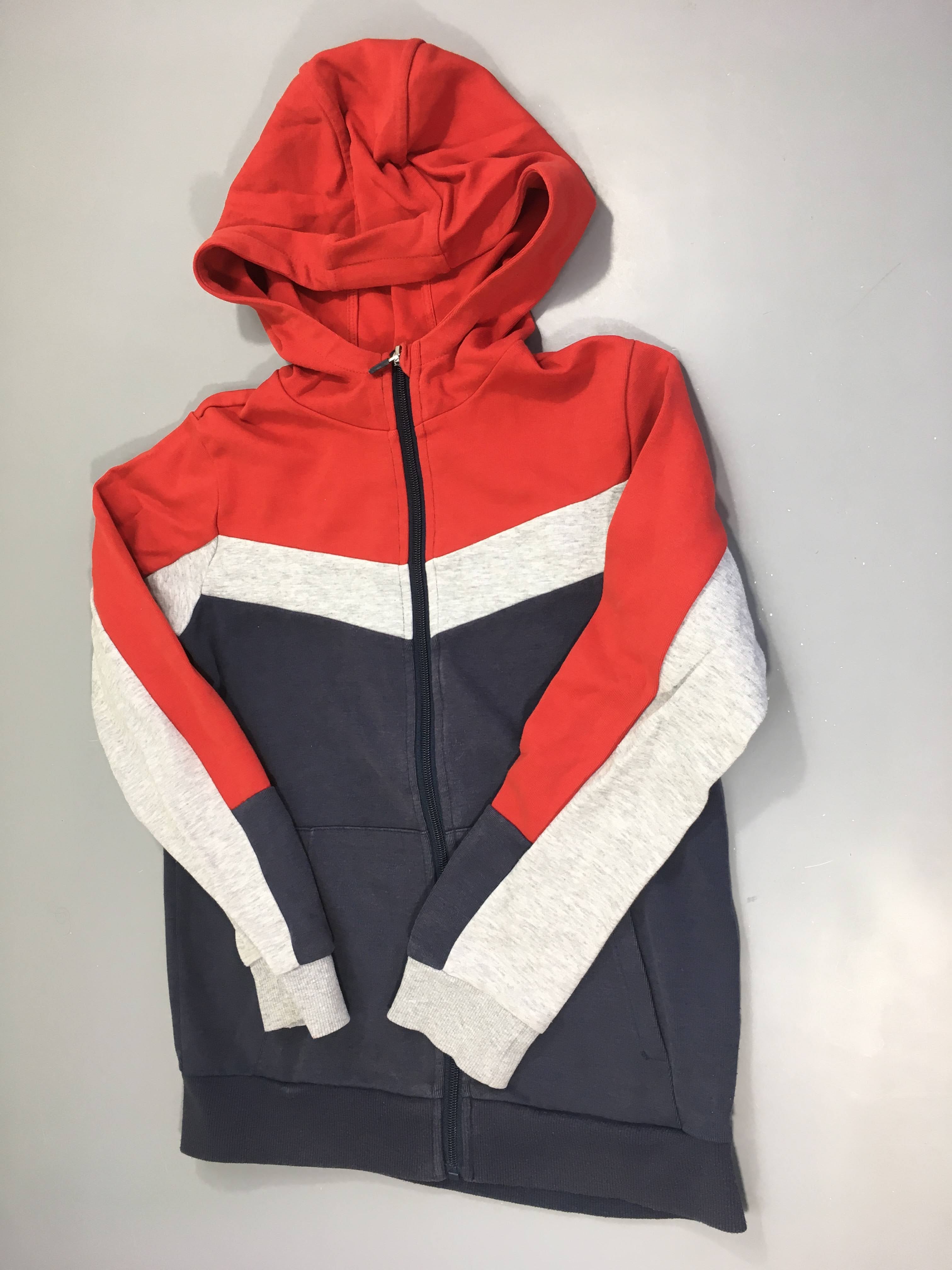 Sweat zippé à capuche  bleu-rouge-gris