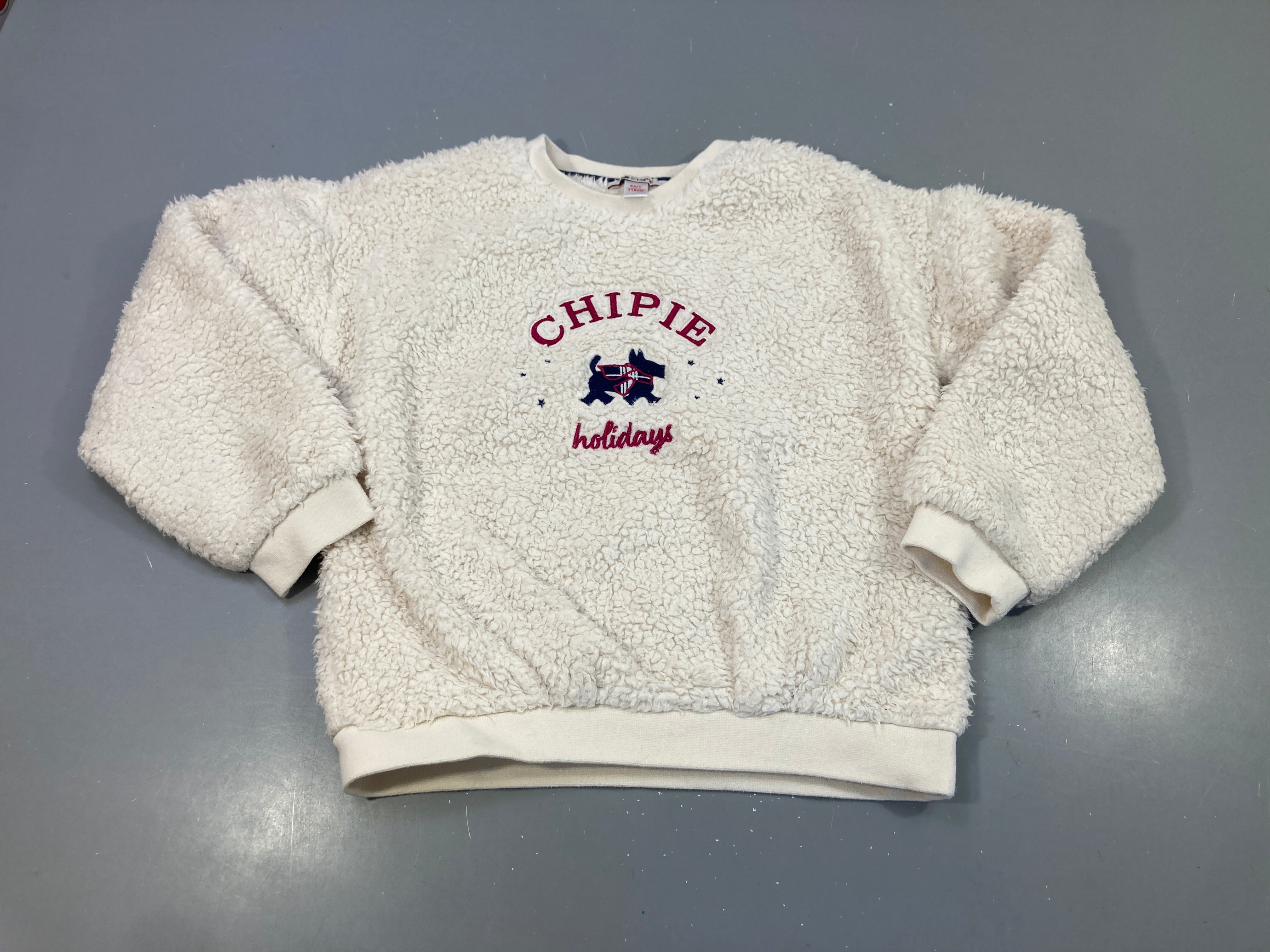 Pull peluche écru chien bleu 