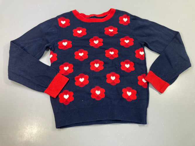 Pull bleu marine à fleurs rouge et blanc, très légèrement bouloché, moins cher chez Petit Kiwi