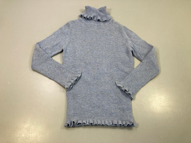 Pull ml mailles côtelées bleu clair petits volans au bas du pull, au col et au poignets 10% cachemire, moins cher chez Petit Kiwi