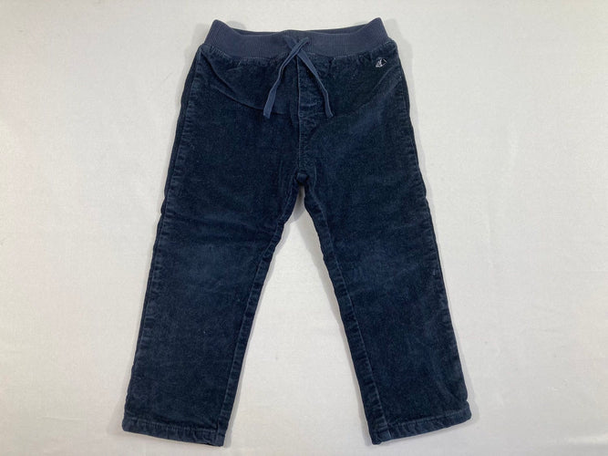 Pantalon bleu foncé velours côtelé taille élastique doublé jersey, moins cher chez Petit Kiwi