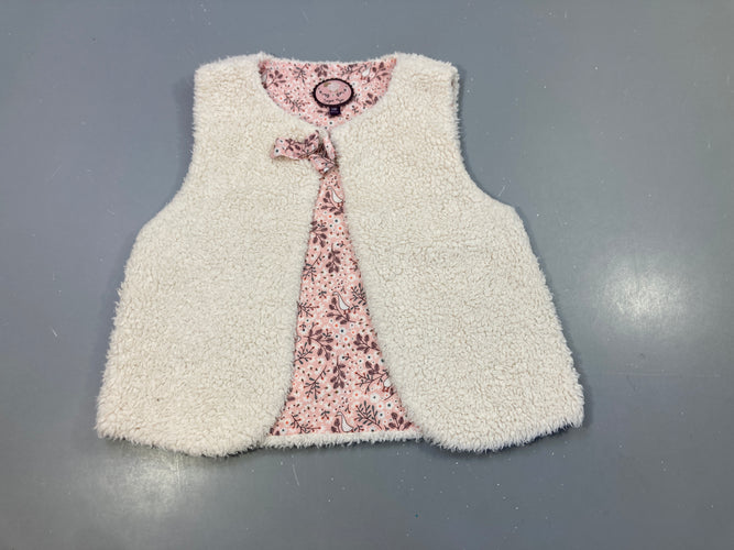 Gilet berger moutonné  écru, petit noeud rose fleuri, moins cher chez Petit Kiwi