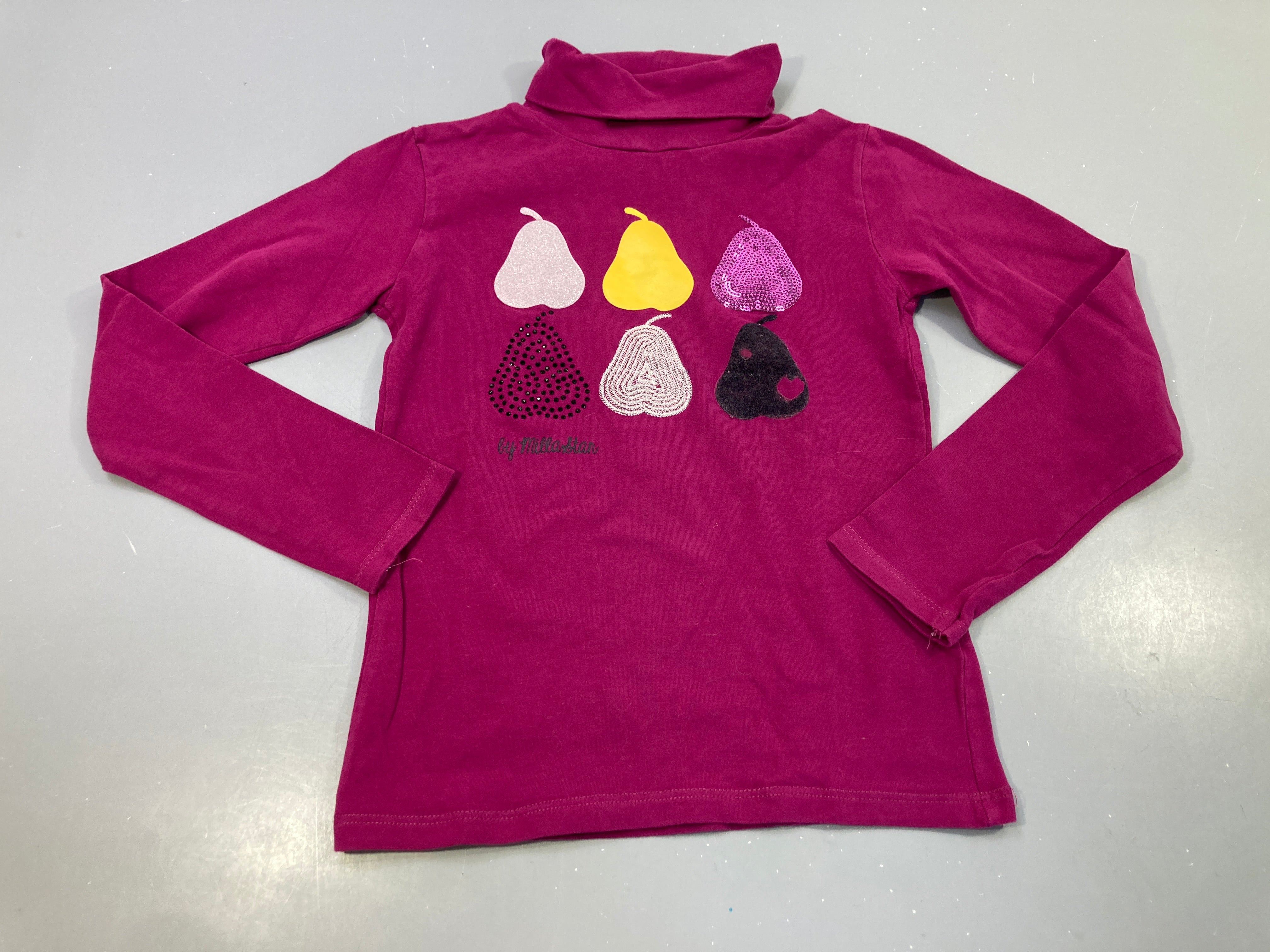 T-shirt m.l col roulé rose, poires texturées, strass, velours,...