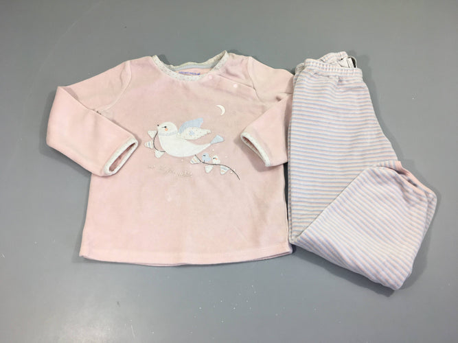 Pyjama 2pcs velours rose rayé oiseau, moins cher chez Petit Kiwi