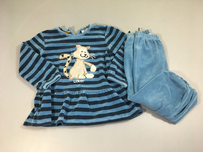 Pyjama 2pcs velours bleu rayé chat, moins cher chez Petit Kiwi